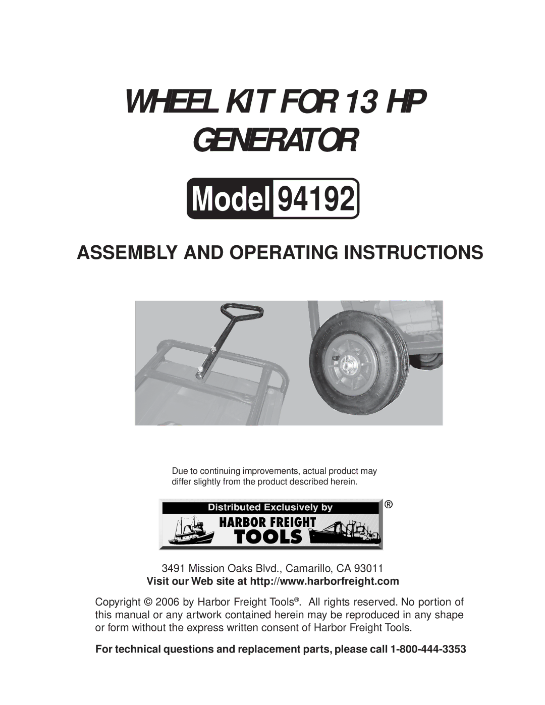 Harbor Freight Tools 94192 operating instructions 