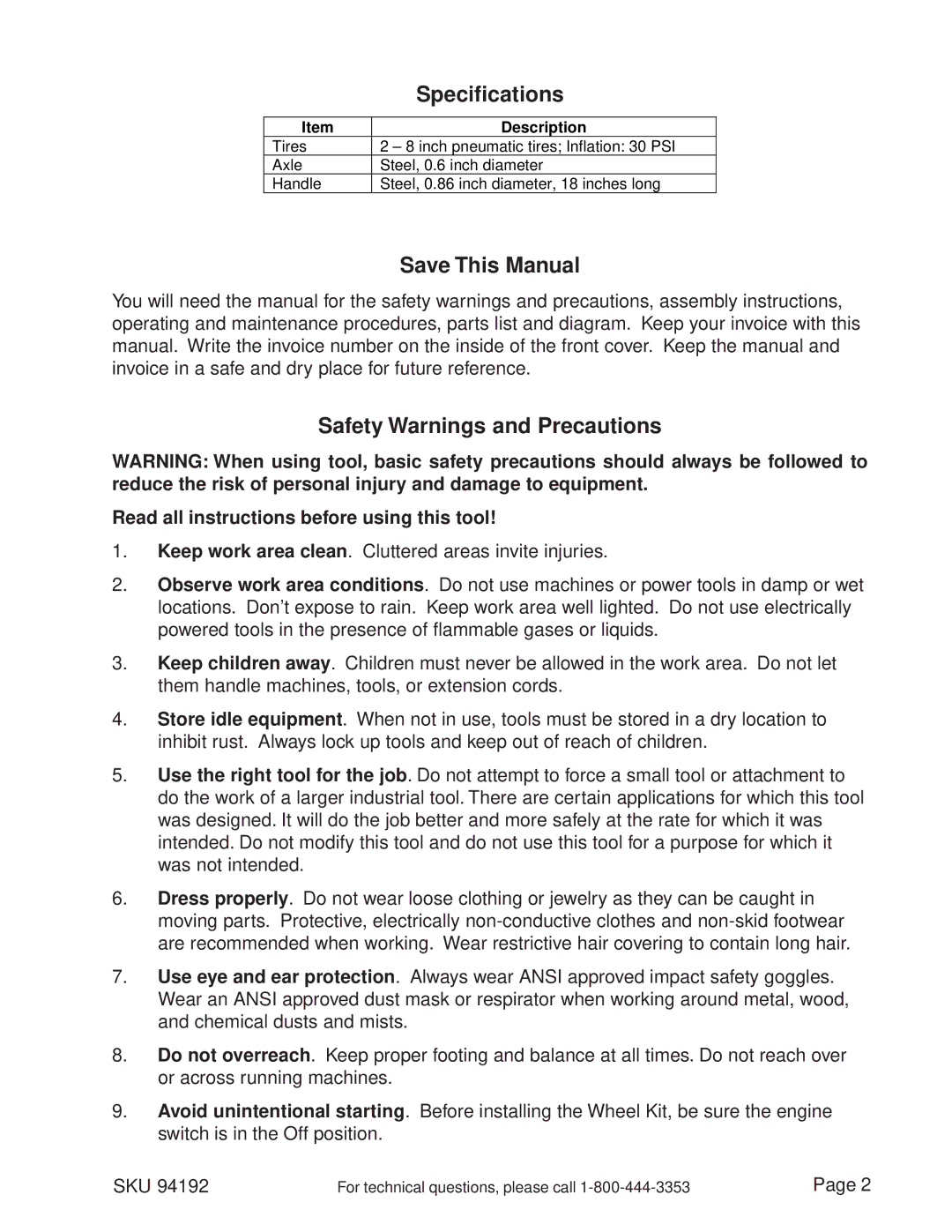 Harbor Freight Tools 94192 Specifications, Save This Manual, Safety Warnings and Precautions, Description 