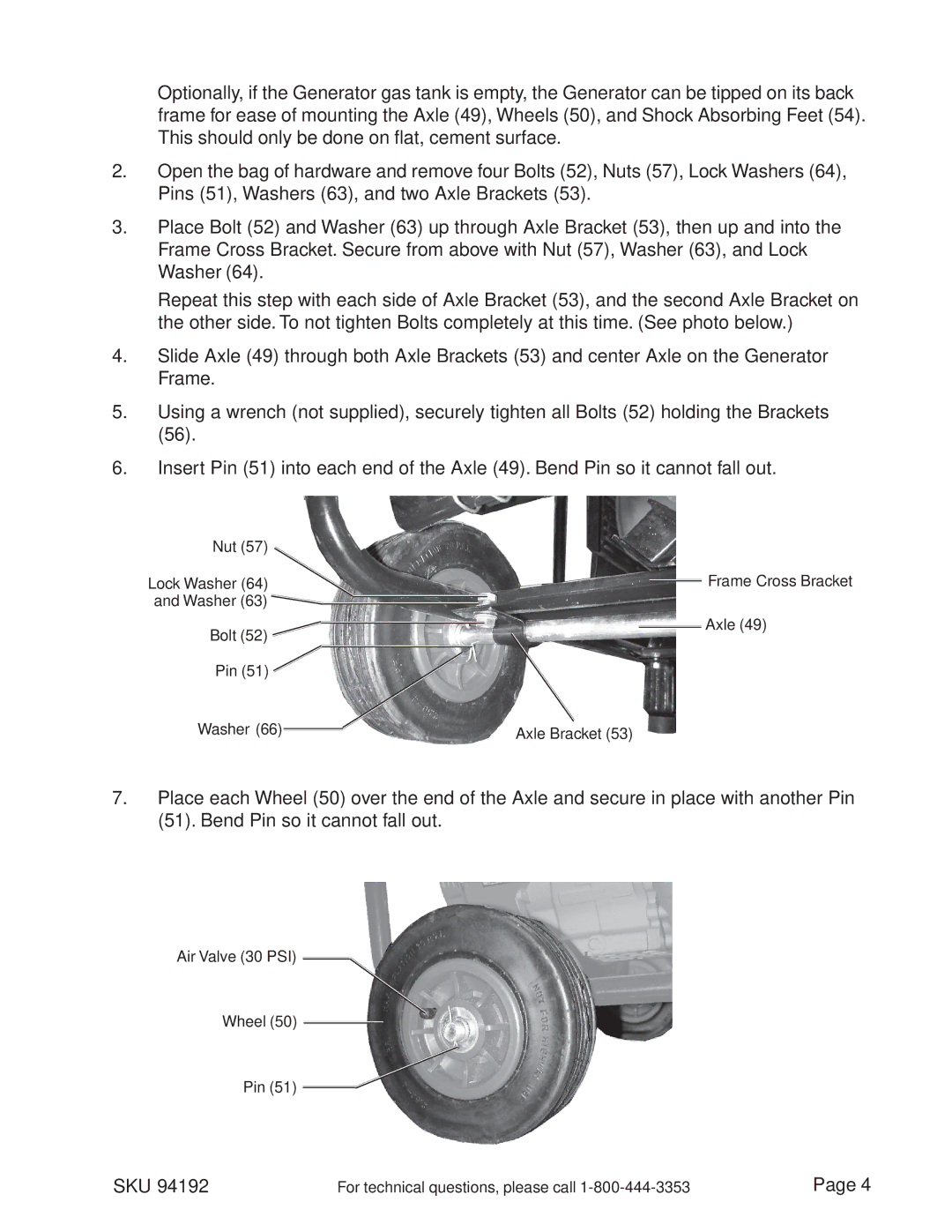 Harbor Freight Tools 94192 operating instructions Air Valve 30 PSI Wheel Pin 