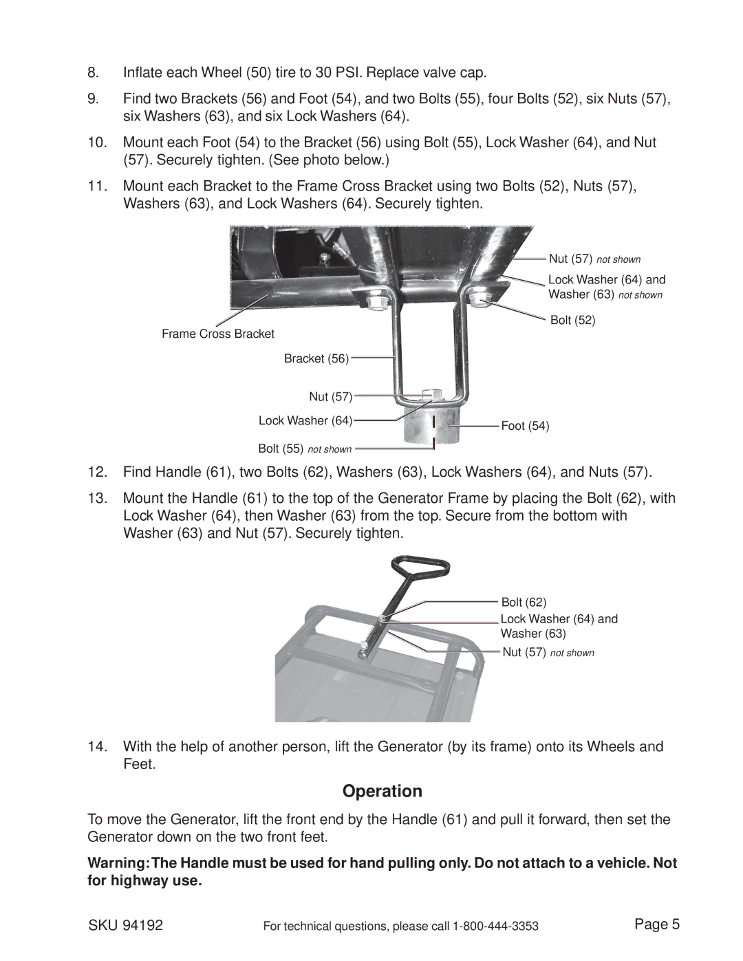 Harbor Freight Tools 94192 operating instructions Operation 