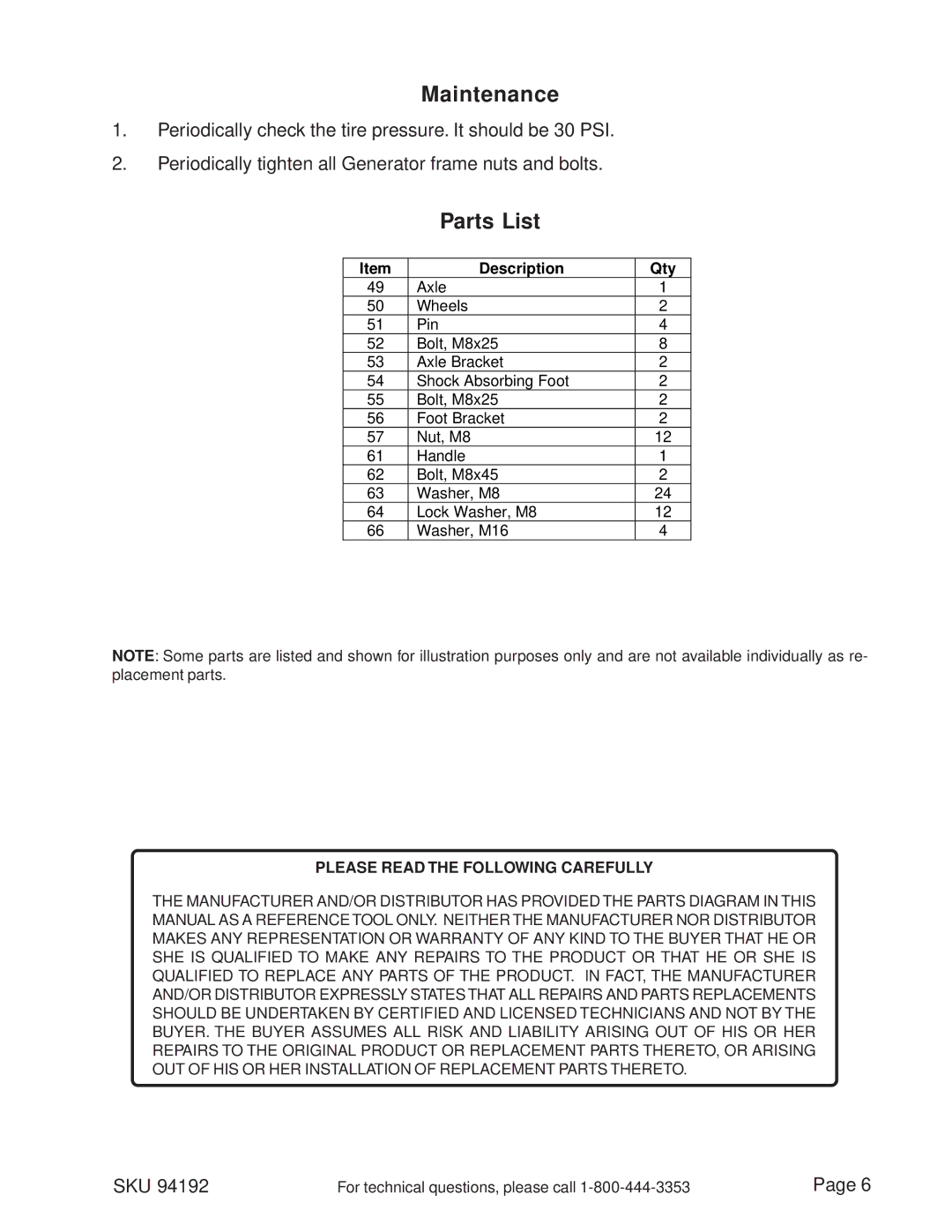 Harbor Freight Tools 94192 operating instructions Maintenance, Parts List, Description Qty 