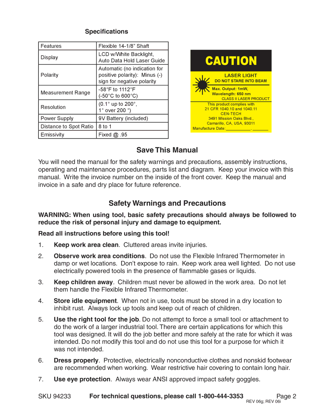 Harbor Freight Tools 94233 operating instructions Save This Manual, Safety Warnings and Precautions, Specifications 