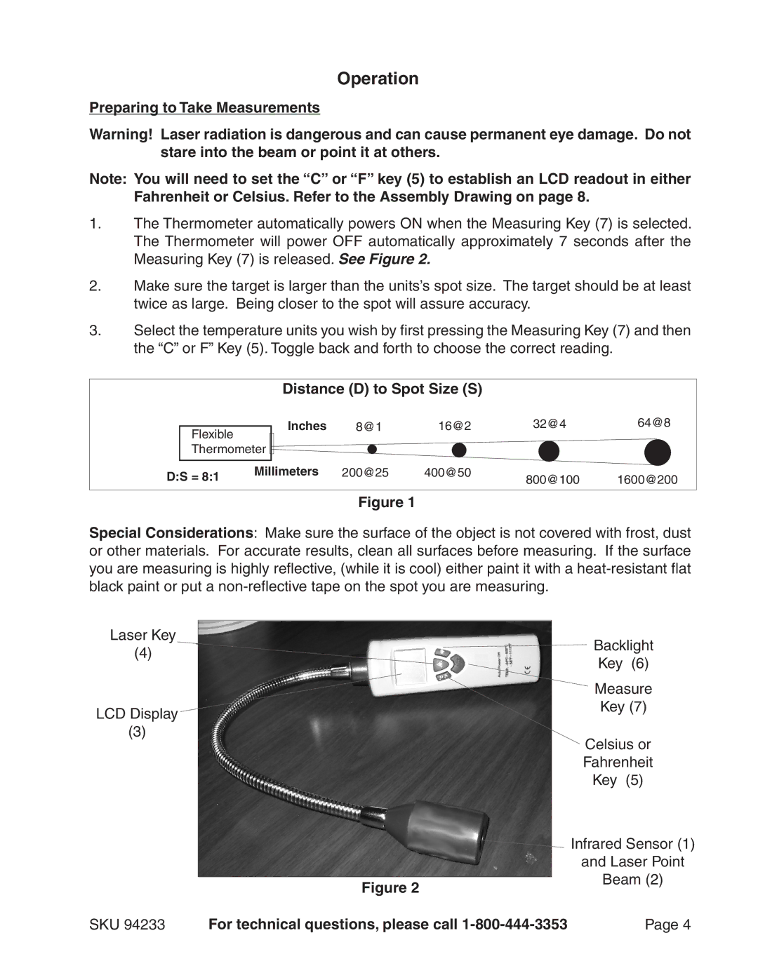 Harbor Freight Tools 94233 operating instructions Operation, Preparing to Take Measurements, Distance D to Spot Size S 