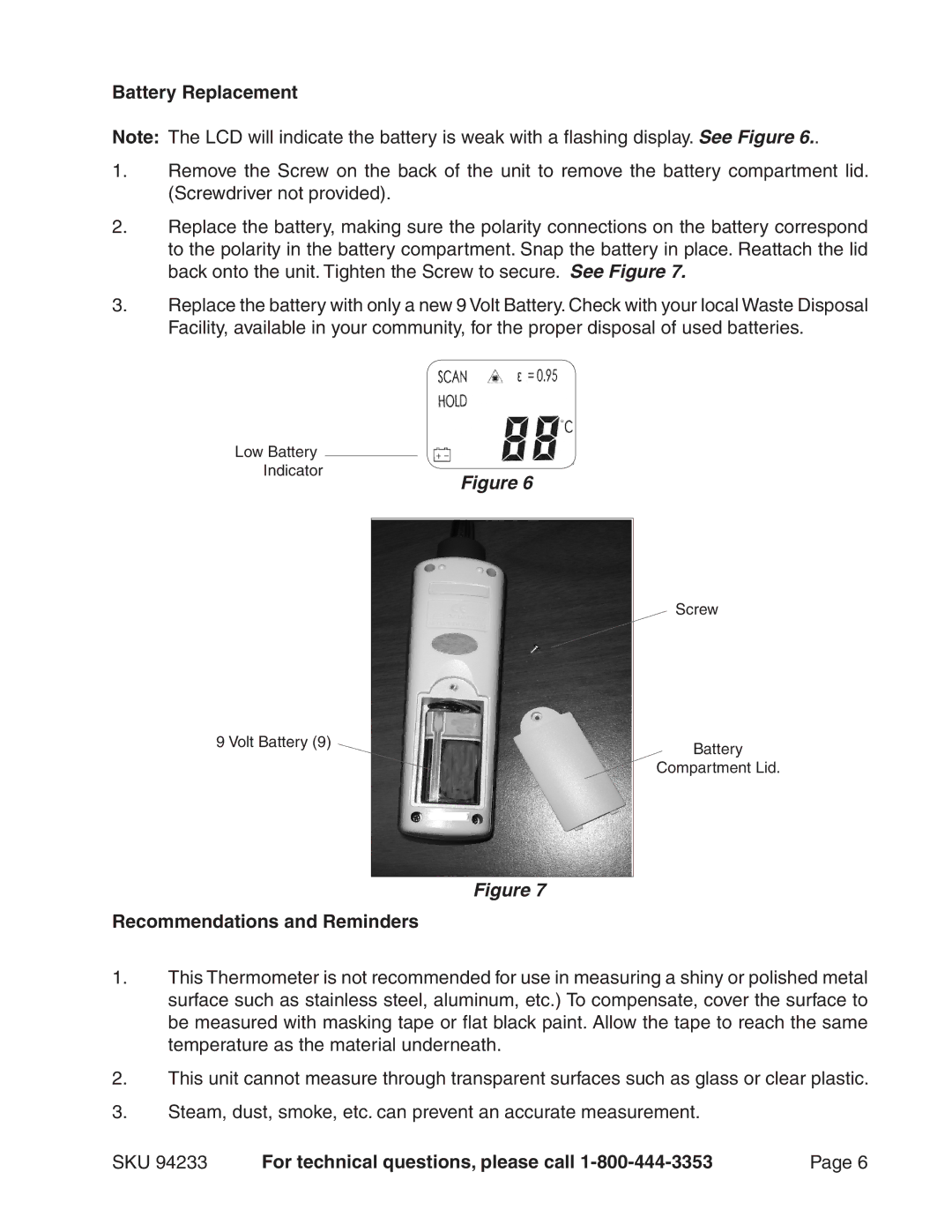 Harbor Freight Tools 94233 operating instructions Battery Replacement, Recommendations and Reminders 