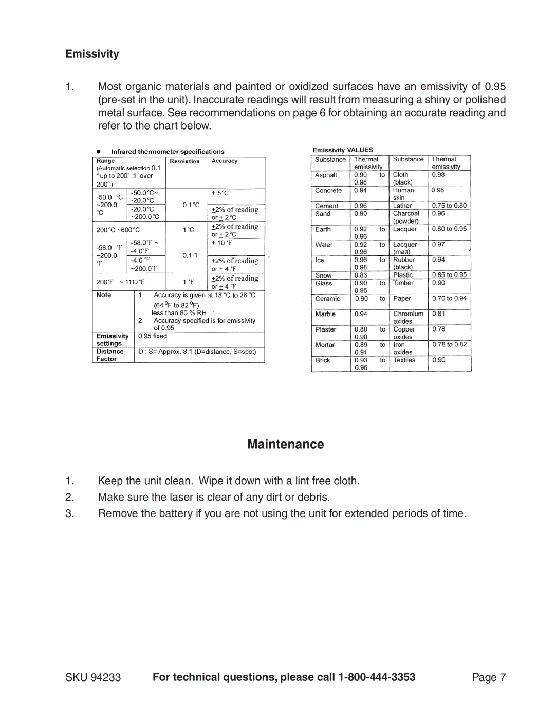 Harbor Freight Tools 94233 operating instructions Maintenance, Emissivity 