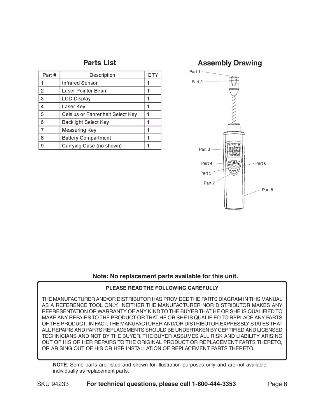 Harbor Freight Tools 94233 operating instructions Parts List, Assembly Drawing 