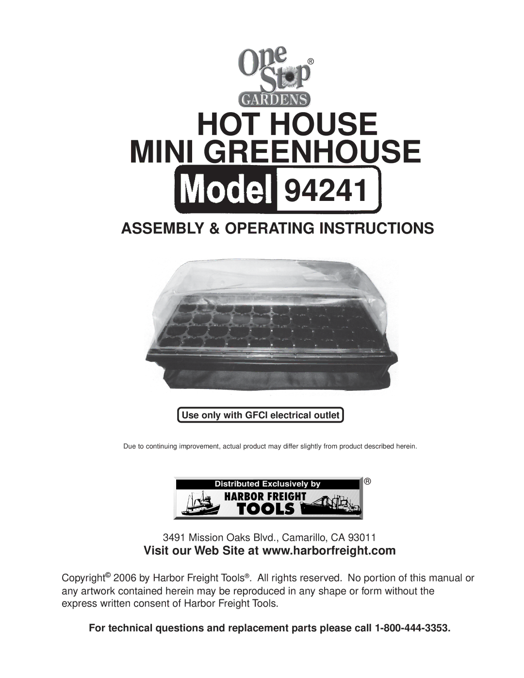 Harbor Freight Tools 94241 operating instructions HOT House Mini Greenhouse, Use only with Gfci electrical outlet 