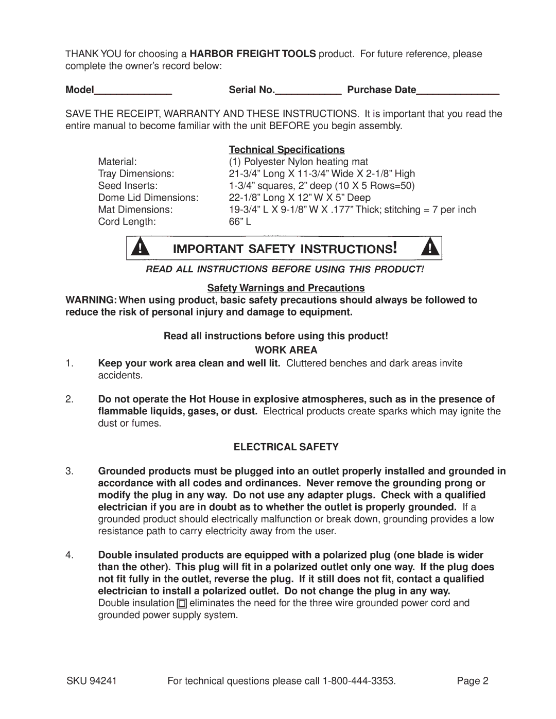 Harbor Freight Tools 94241 Model Serial No. Purchase Date, Technical Specifications, Work Area, Electrical Safety 