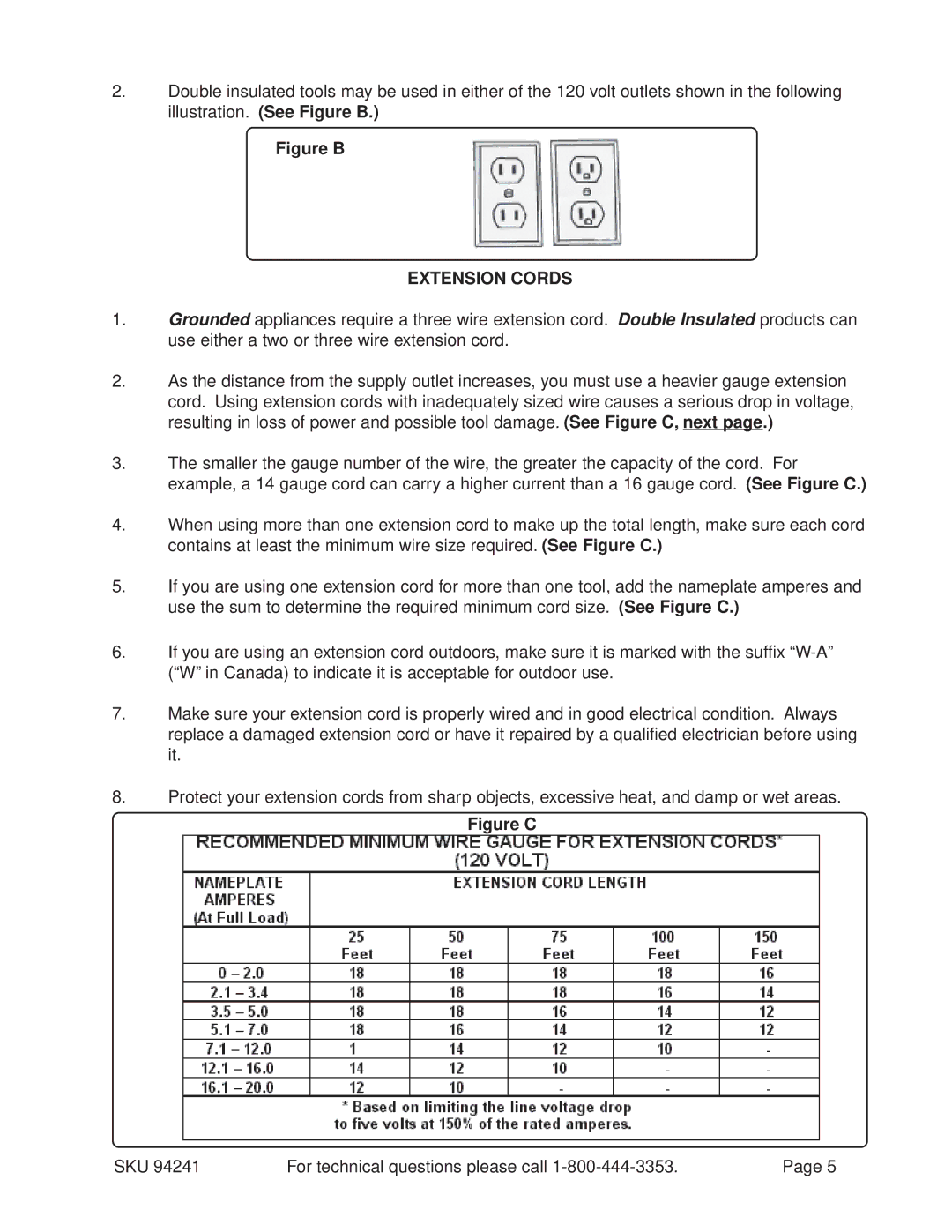 Harbor Freight Tools 94241 operating instructions Figure B, Extension Cords 