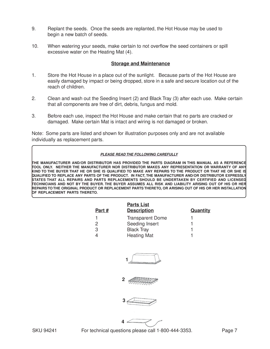 Harbor Freight Tools 94241 operating instructions Storage and Maintenance, Parts List Description Quantity 