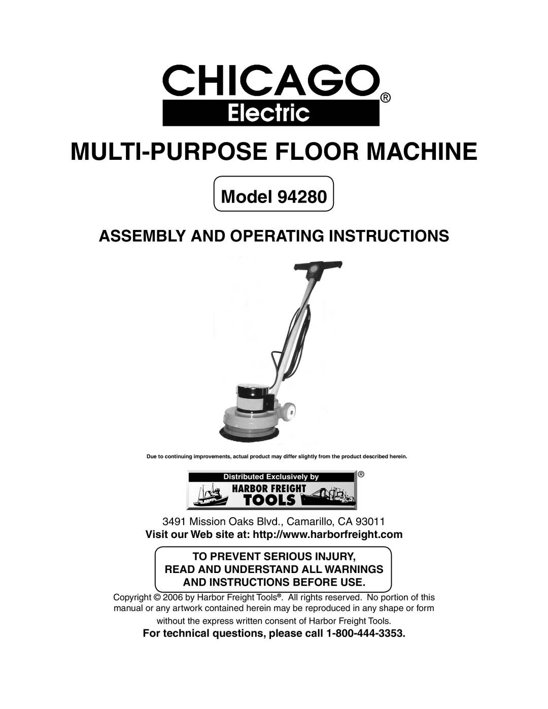 Harbor Freight Tools 94280 manual MULTI-PURPOSE Floor Machine, For technical questions, please call 