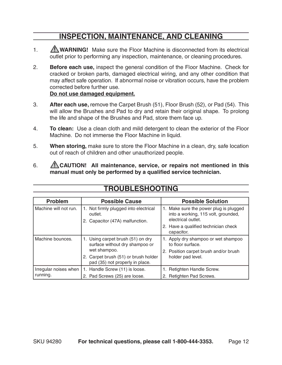 Harbor Freight Tools 94280 manual INSPECTION, MAINTENANCE, and Cleaning, Troubleshooting, Do not use damaged equipment 