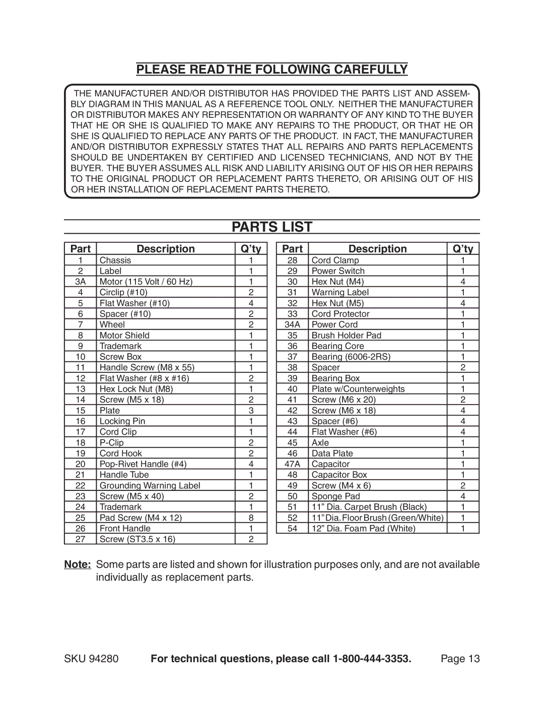 Harbor Freight Tools 94280 manual Parts List, Please Read the Following Carefully, Part Description ’ty 