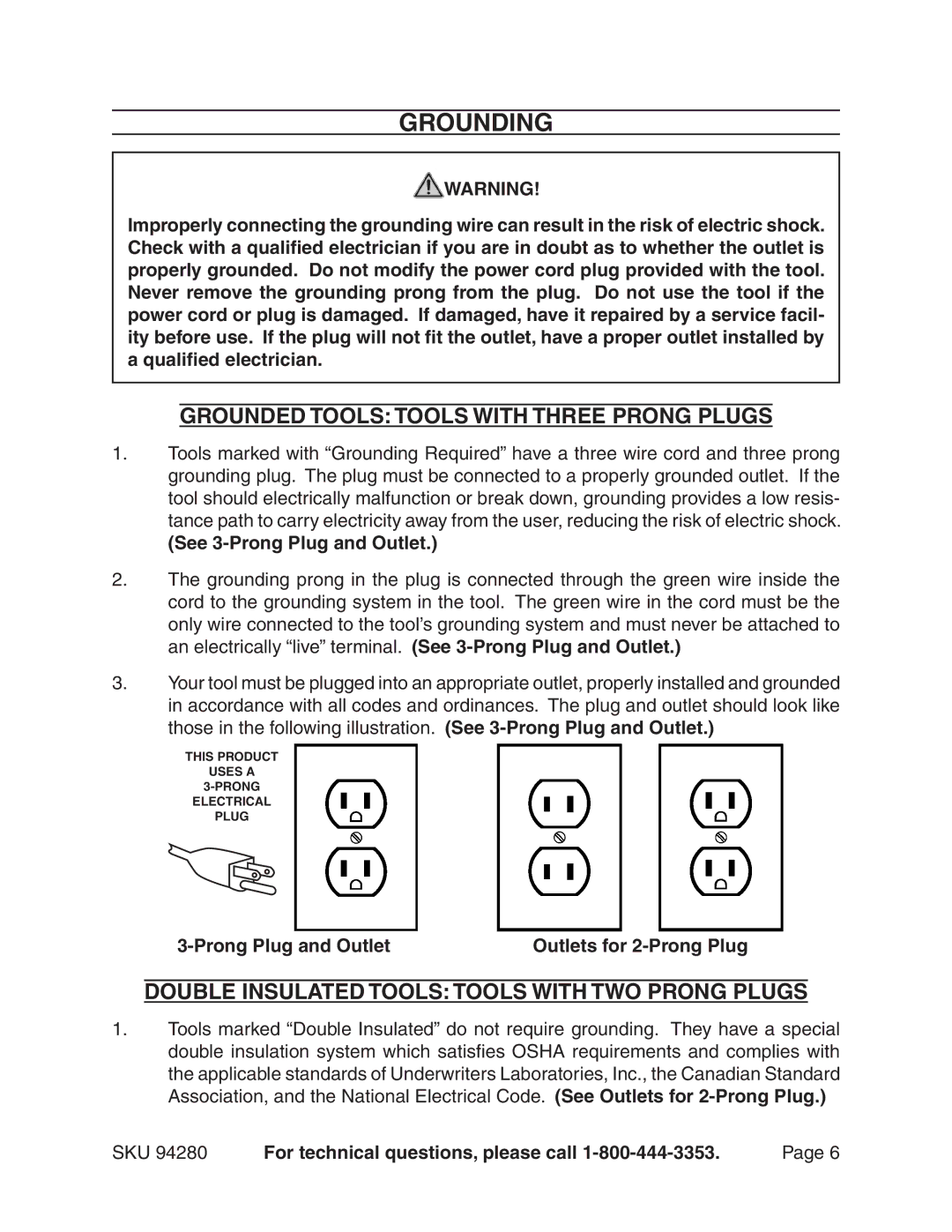 Harbor Freight Tools 94280 manual Grounding, Grounded Tools Tools With Three Prong Plugs, See 3-Prong Plug and Outlet 