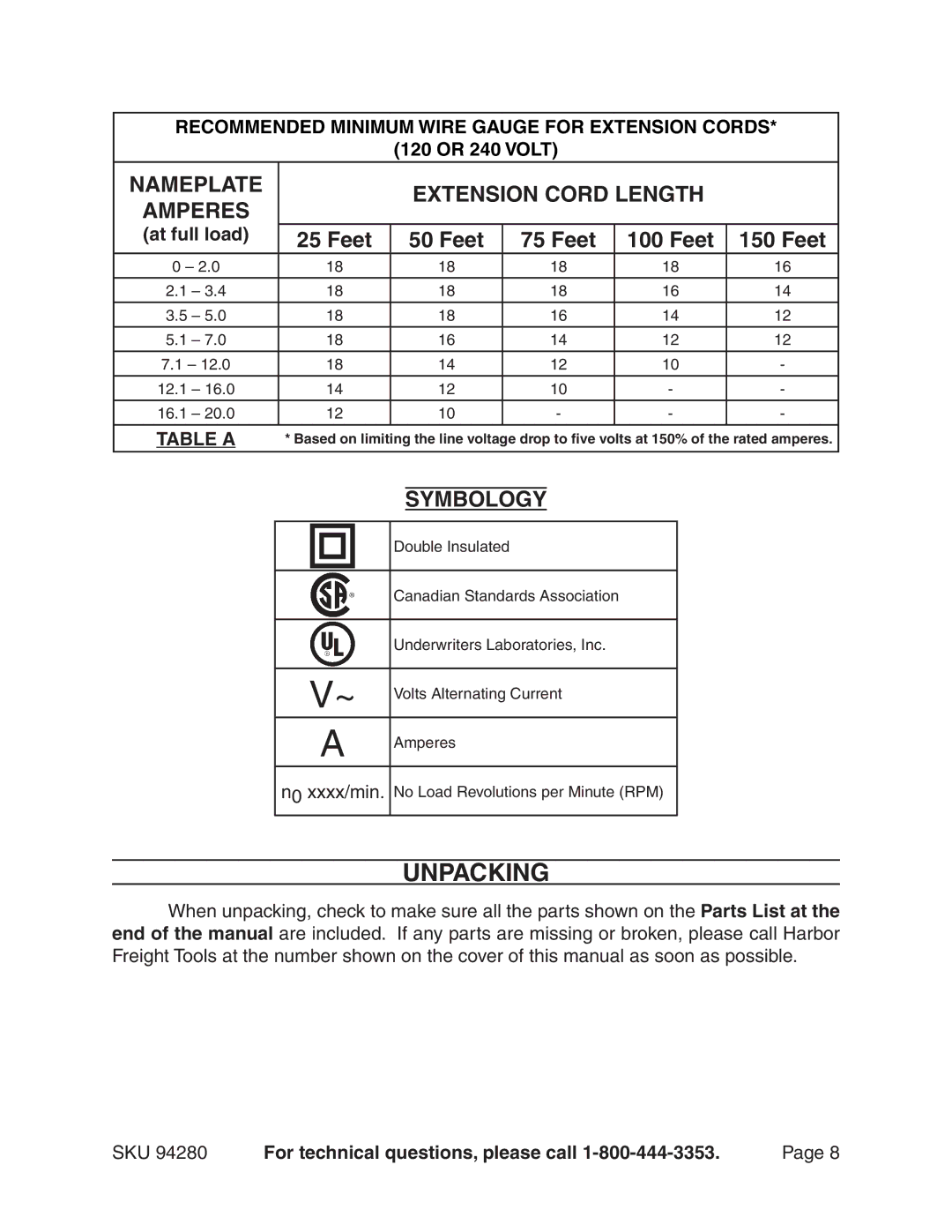 Harbor Freight Tools 94280 manual Unpacking, Nameplate Extension Cord Length, Feet, Symbology 