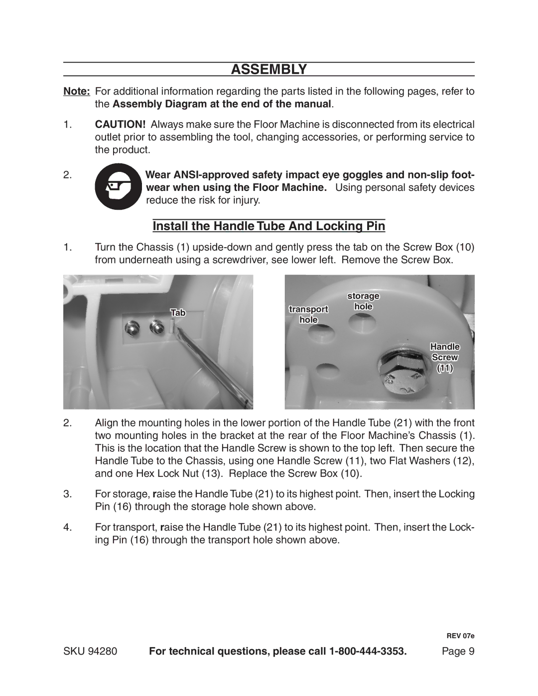 Harbor Freight Tools 94280 manual Assembly, Install the Handle Tube And Locking Pin 