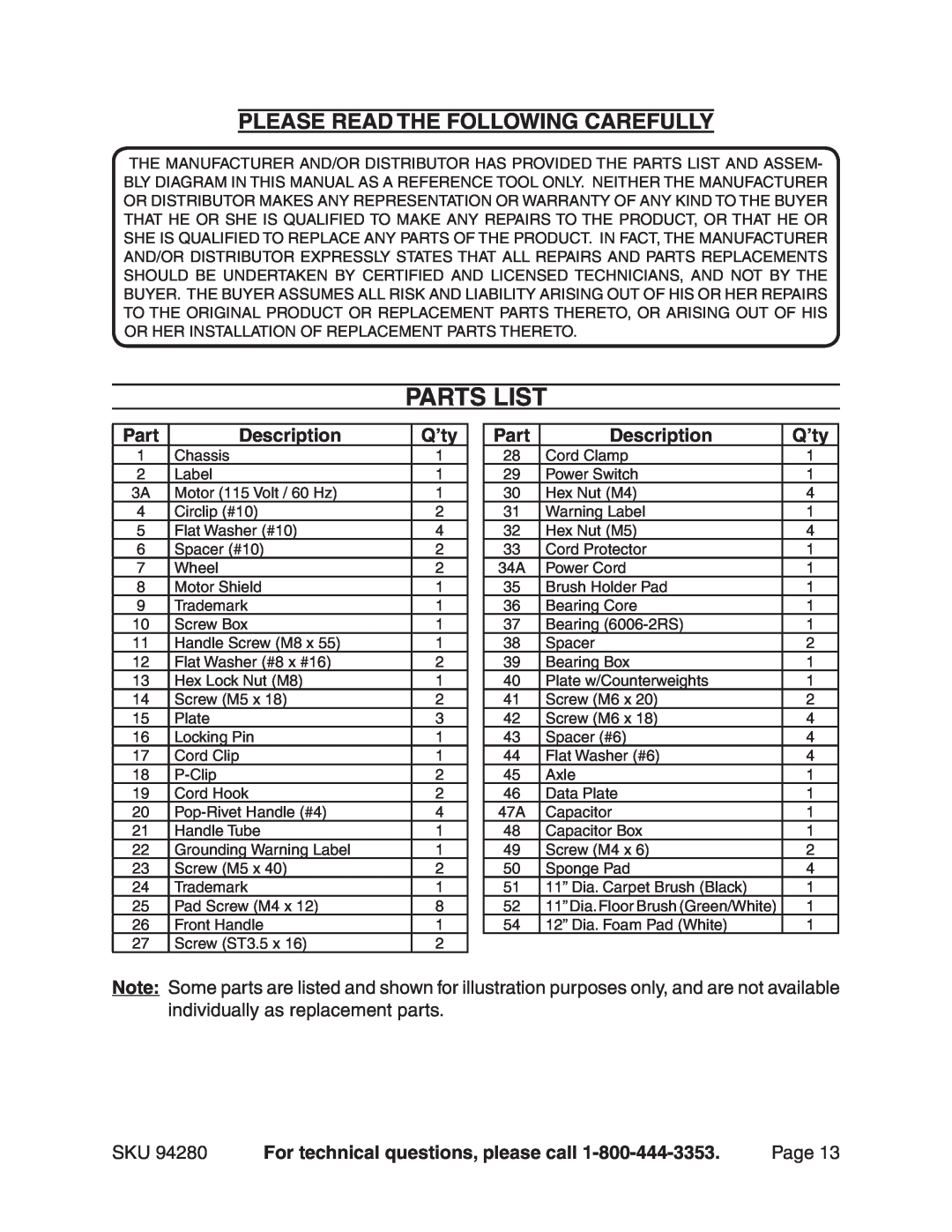 Harbor Freight Tools 94280 manual Parts List, Please Read The Following Carefully, Description, Q’ty, Page 