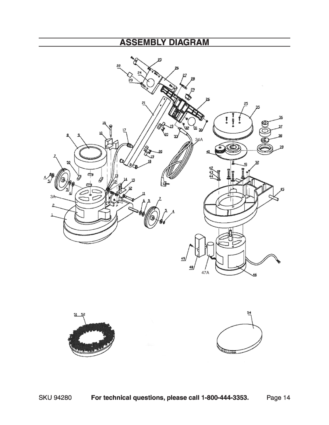 Harbor Freight Tools 94280 manual Assembly Diagram, For technical questions, please call, Page, 34A 3A 47A 