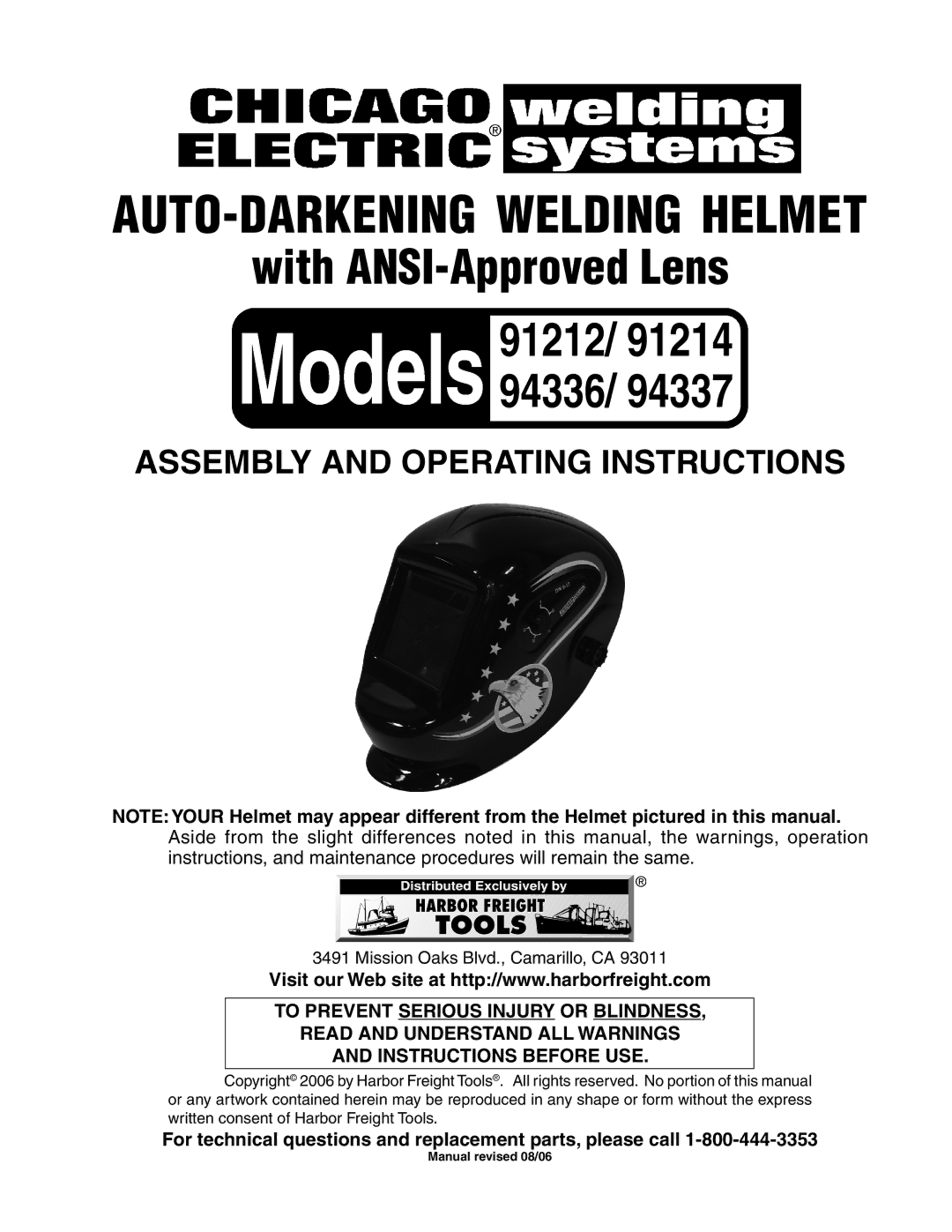 Harbor Freight Tools 94336, 94337, 91212, 91214 operating instructions With ANSI-Approved Lens 