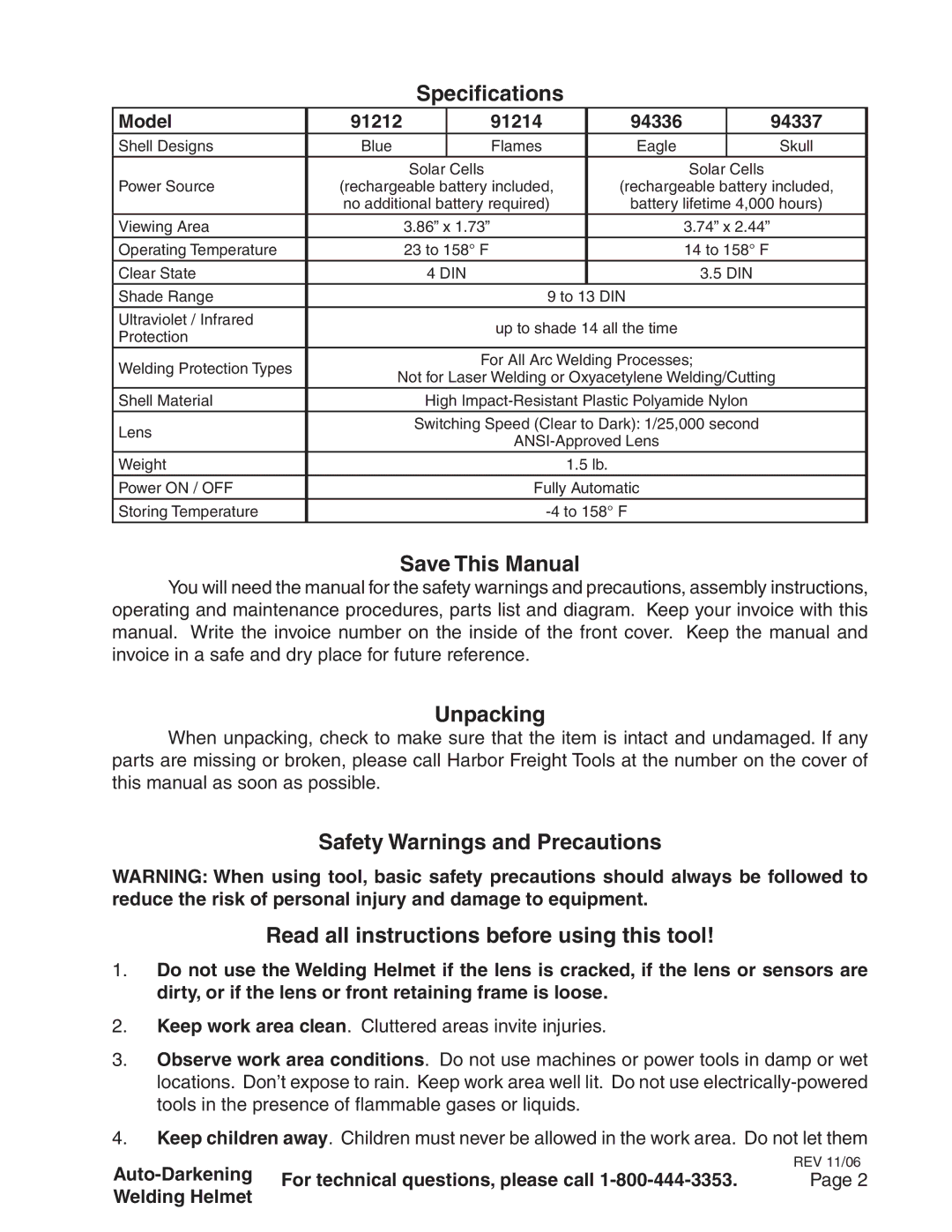 Harbor Freight Tools 91212, 94337, 94336, 91214 operating instructions Specifications, Save This Manual, Unpacking 