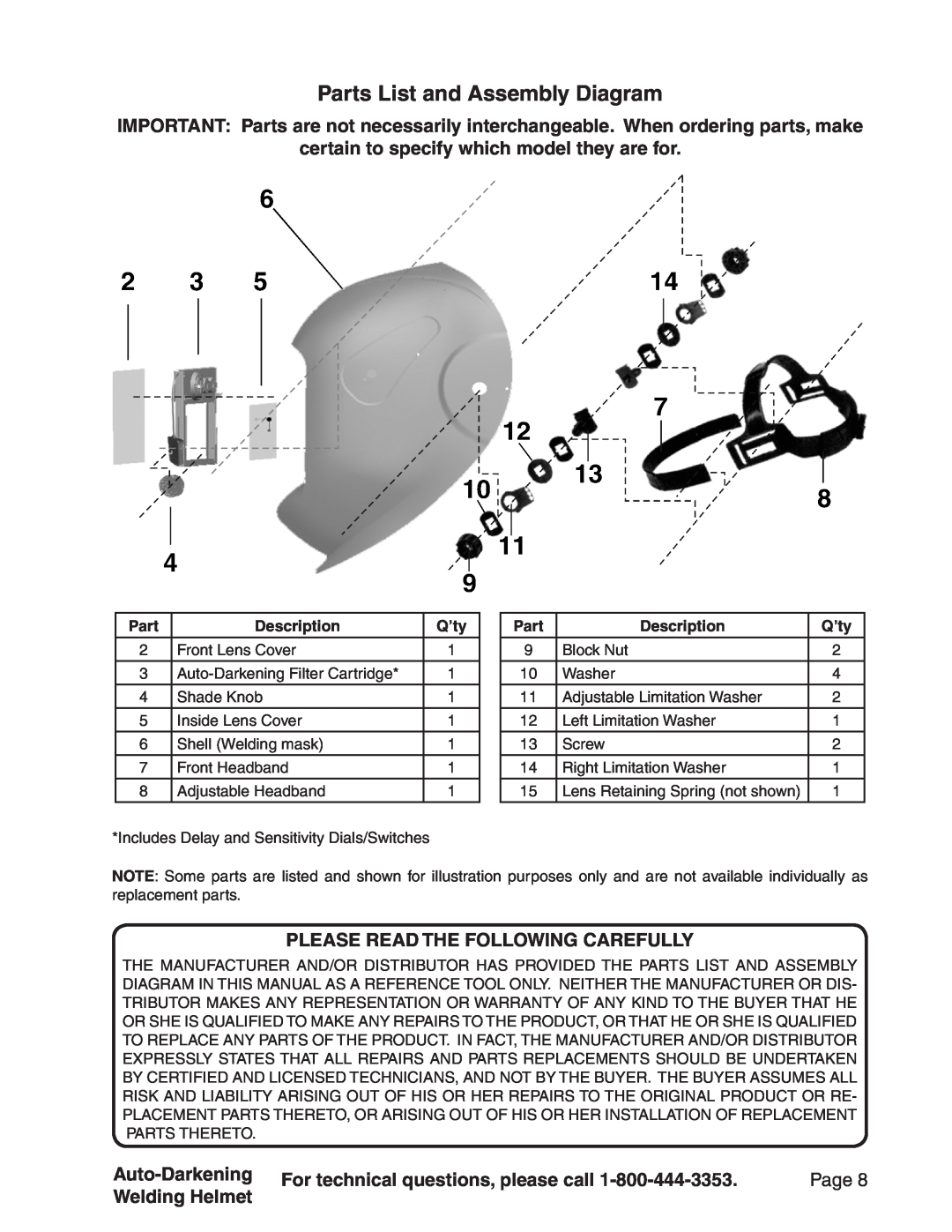 Harbor Freight Tools 94337 Parts List and Assembly Diagram, certain to specify which model they are for, Auto-Darkening 
