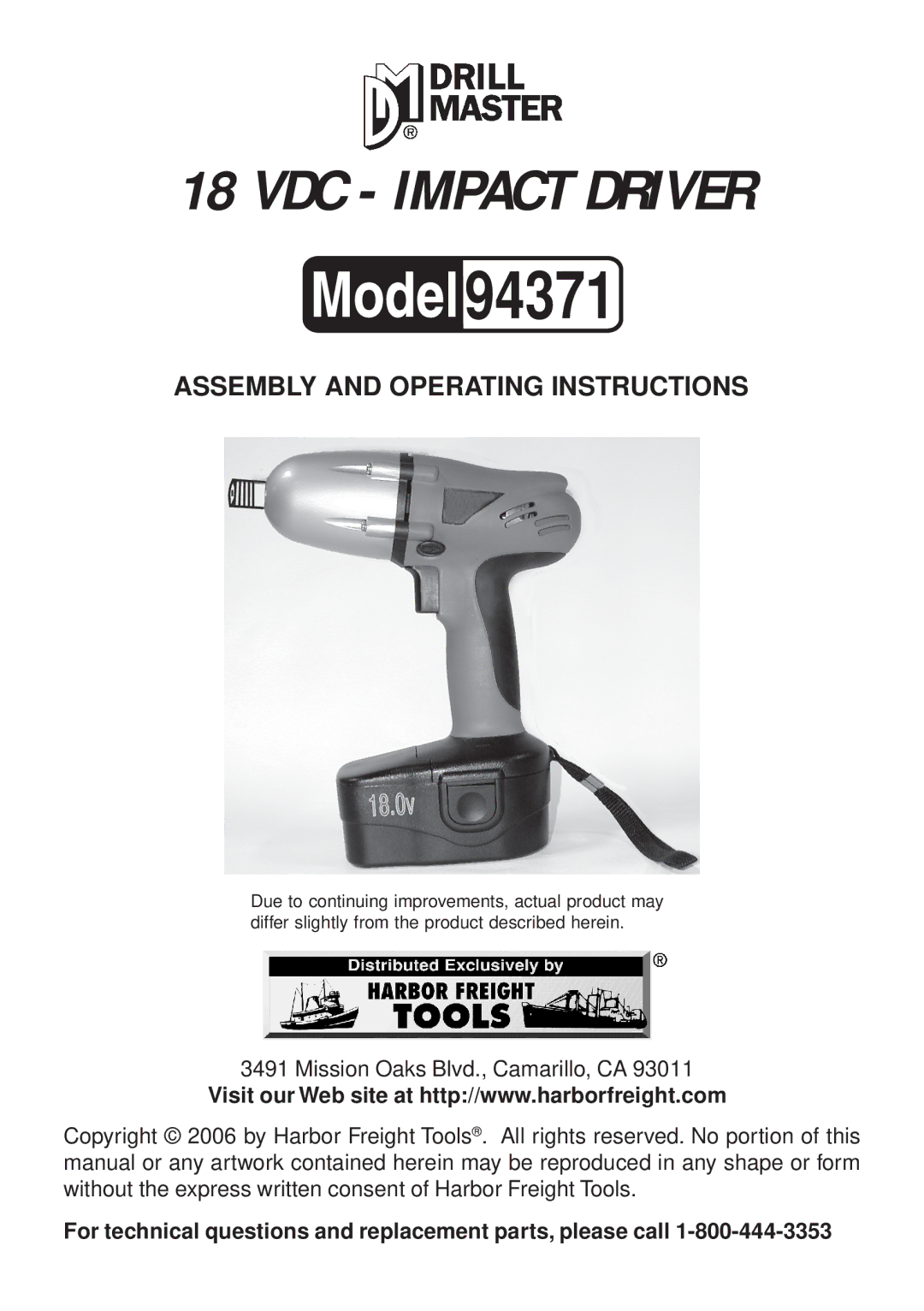 Harbor Freight Tools 94371 operating instructions 