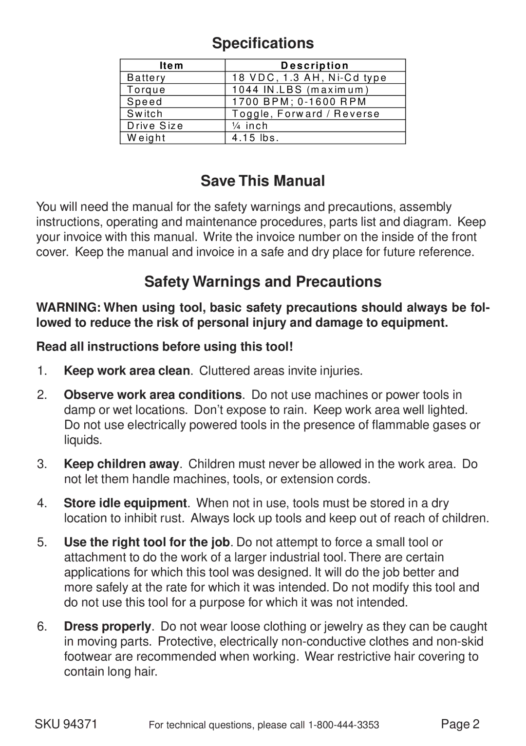 Harbor Freight Tools 94371 operating instructions Specifications, Save This Manual, Safety Warnings and Precautions 