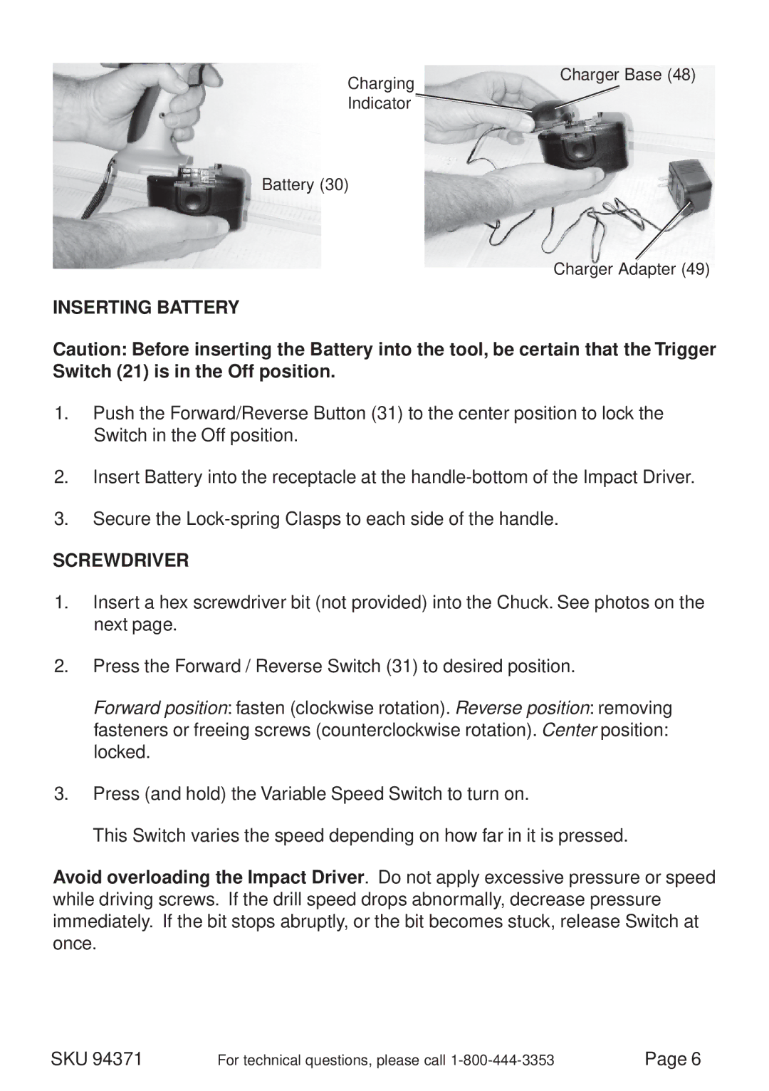 Harbor Freight Tools 94371 operating instructions Inserting Battery 