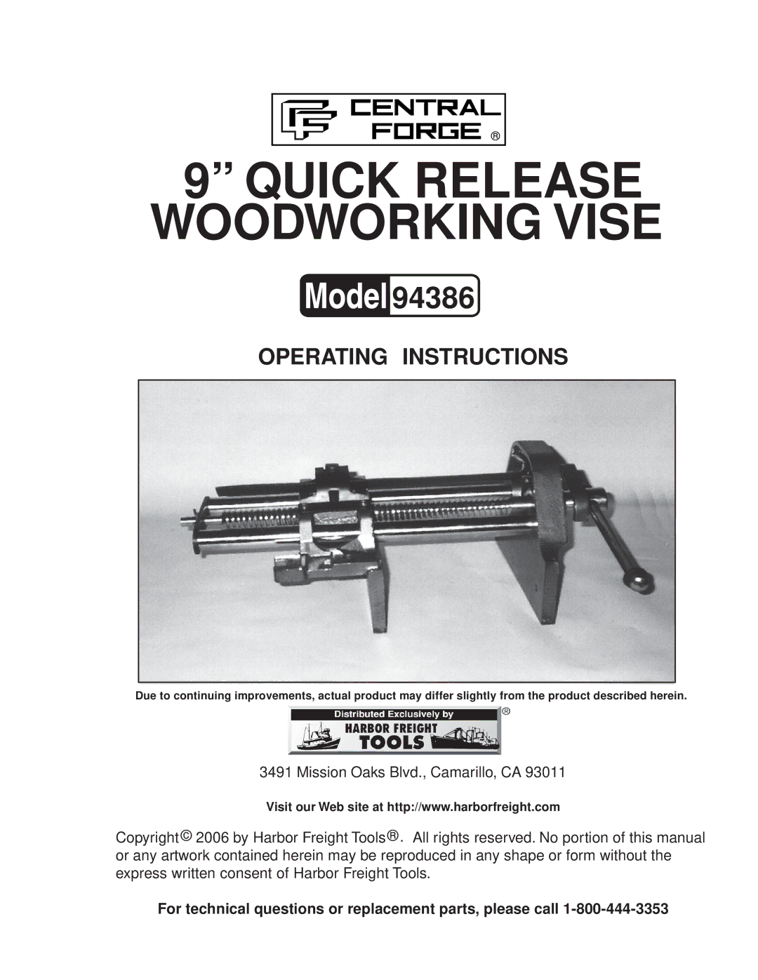 Harbor Freight Tools 94386 operating instructions Quick Release Woodworking Vise 