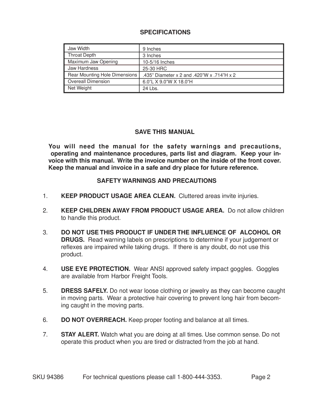 Harbor Freight Tools 94386 operating instructions Specifications, Save this Manual, Safety Warnings and Precautions 