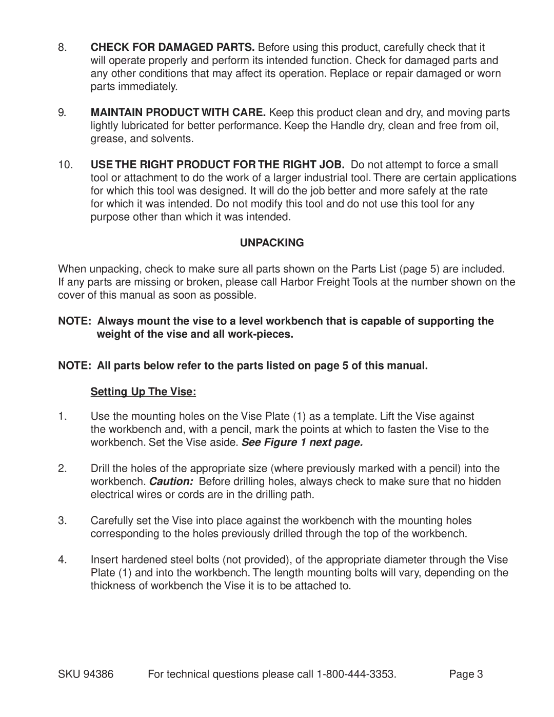 Harbor Freight Tools 94386 operating instructions Unpacking, Setting Up The Vise 