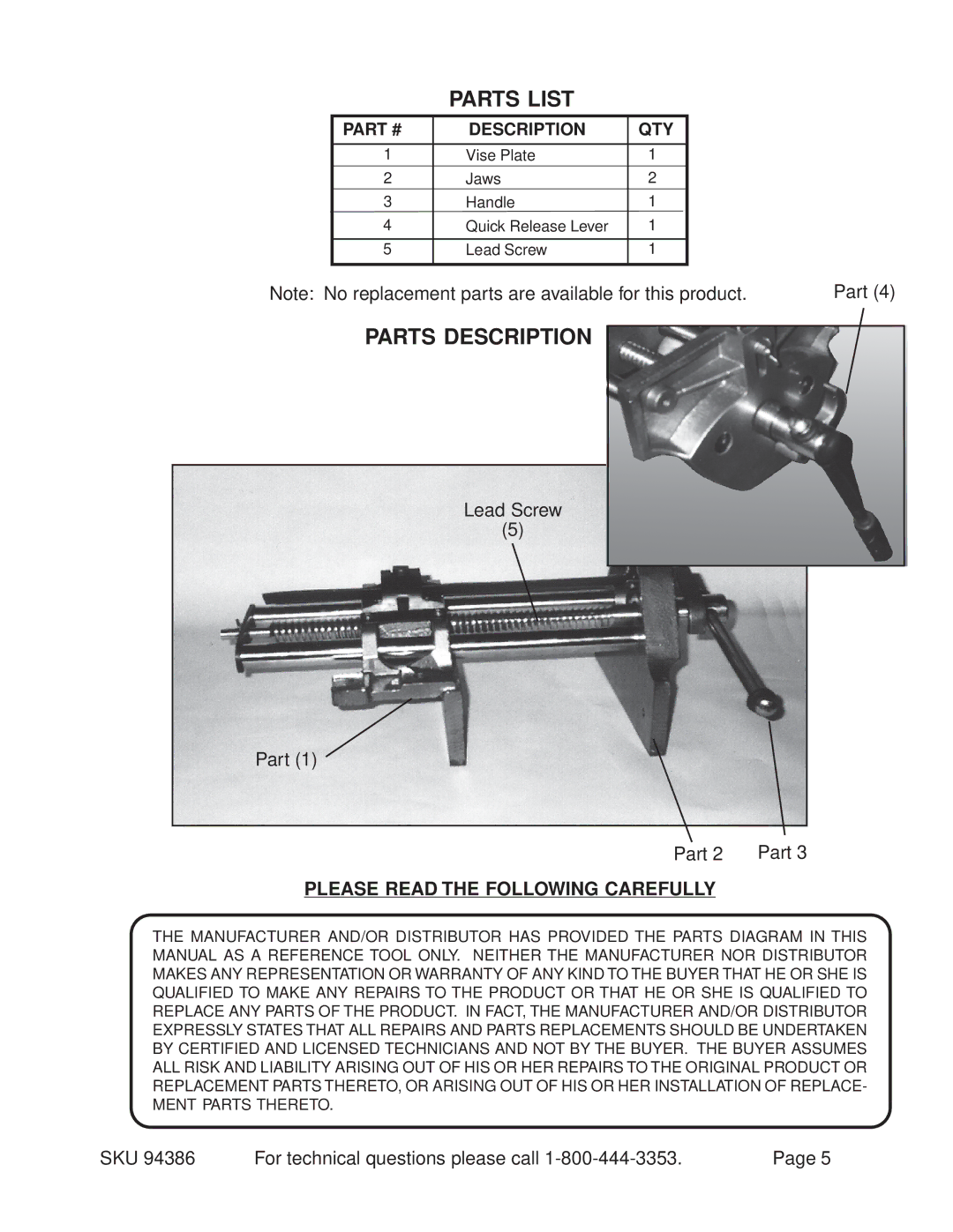 Harbor Freight Tools 94386 operating instructions Parts List, Parts Description, Please Read the Following Carefully 