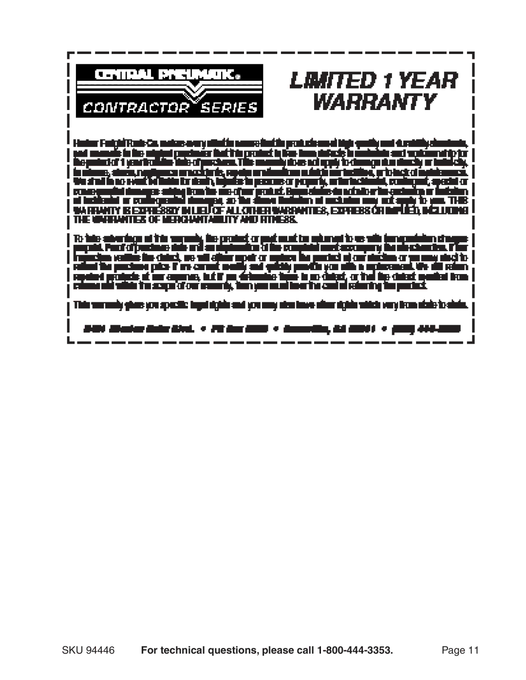 Harbor Freight Tools 94446 operating instructions SKU For technical questions, please call 