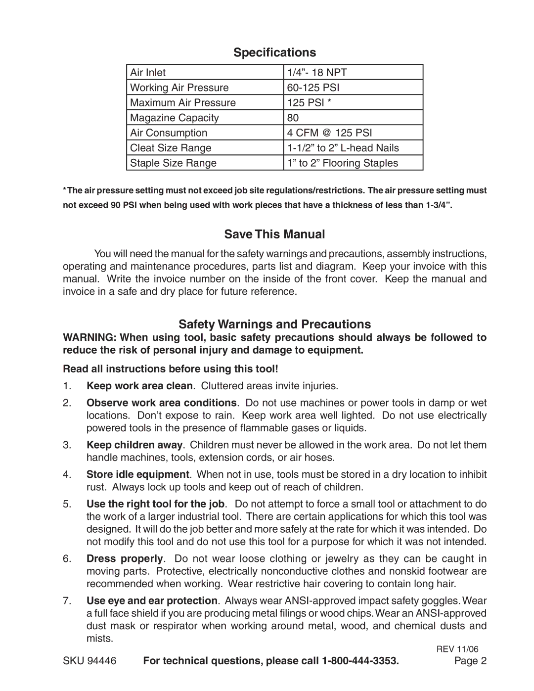 Harbor Freight Tools 94446 operating instructions Specifications, Save This Manual, Safety Warnings and Precautions 