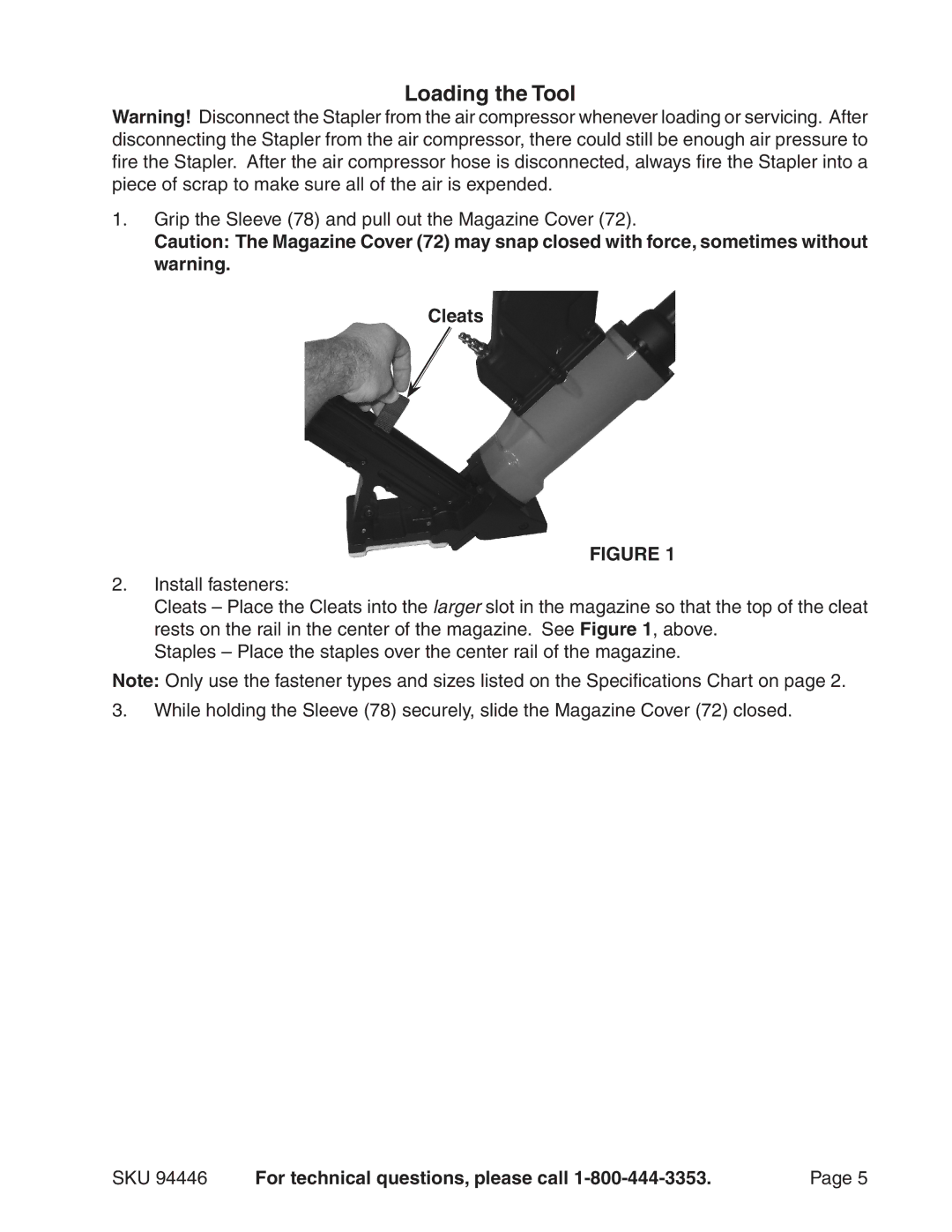 Harbor Freight Tools 94446 operating instructions Loading the Tool, Cleats 