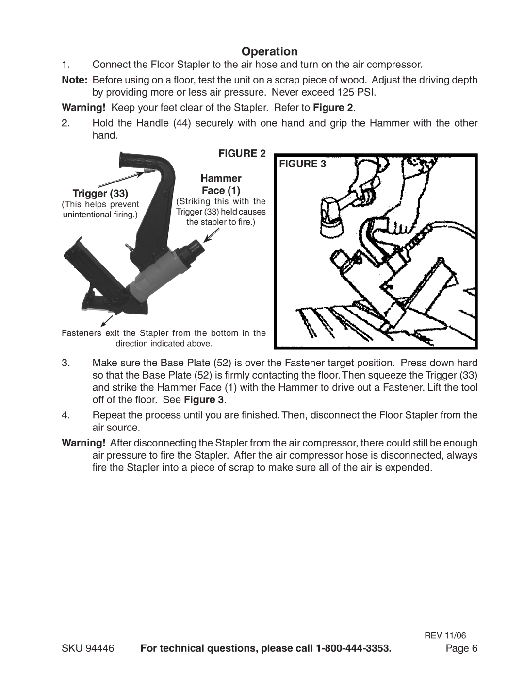 Harbor Freight Tools 94446 operating instructions Operation, Hammer, Trigger Face 