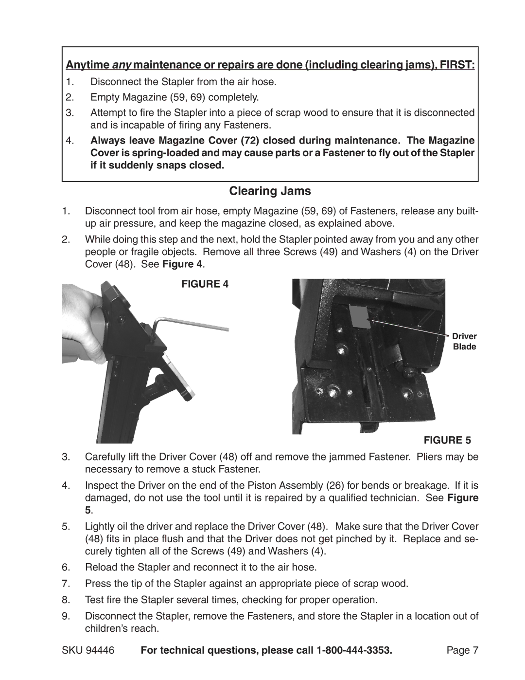 Harbor Freight Tools 94446 operating instructions Clearing Jams 