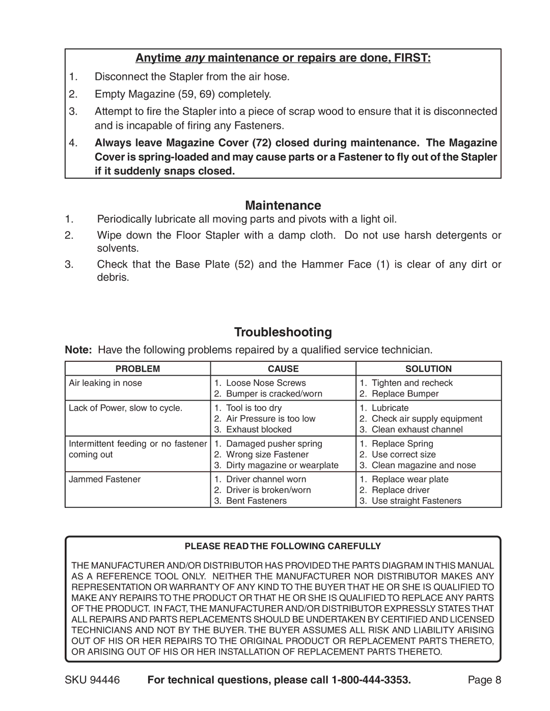 Harbor Freight Tools 94446 operating instructions Maintenance, Troubleshooting 