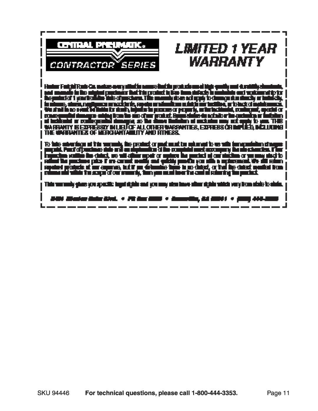 Harbor Freight Tools 94446 operating instructions For technical questions, please call, Page 