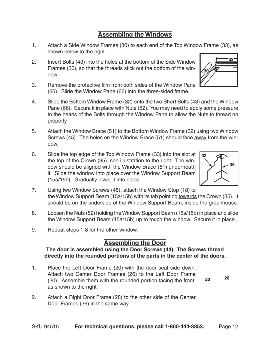 Harbor Freight Tools 94515 manual Assembling the Windows, Assembling the Door 