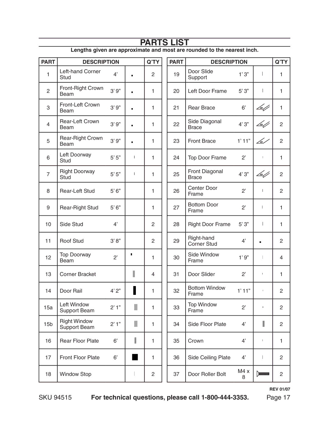 Harbor Freight Tools 94515 manual Parts List, Part Description ’ty 