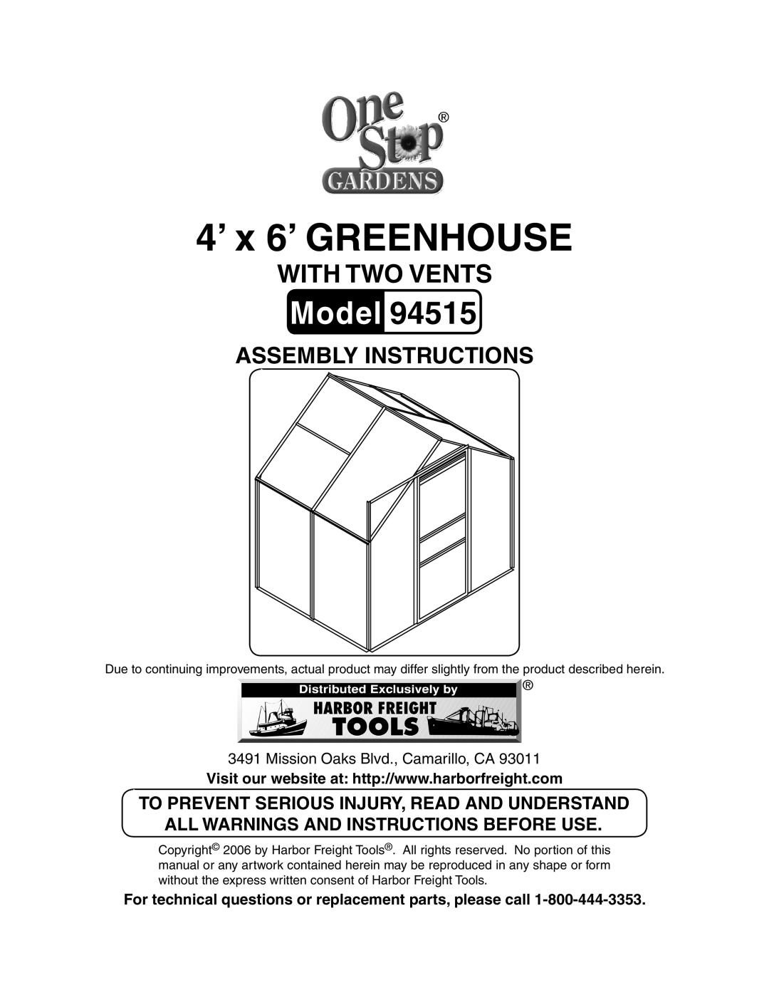 Harbor Freight Tools 94515 manual 4’ x 6’ GREENHOUSE, To prevent serious injury, read and understand, Model 