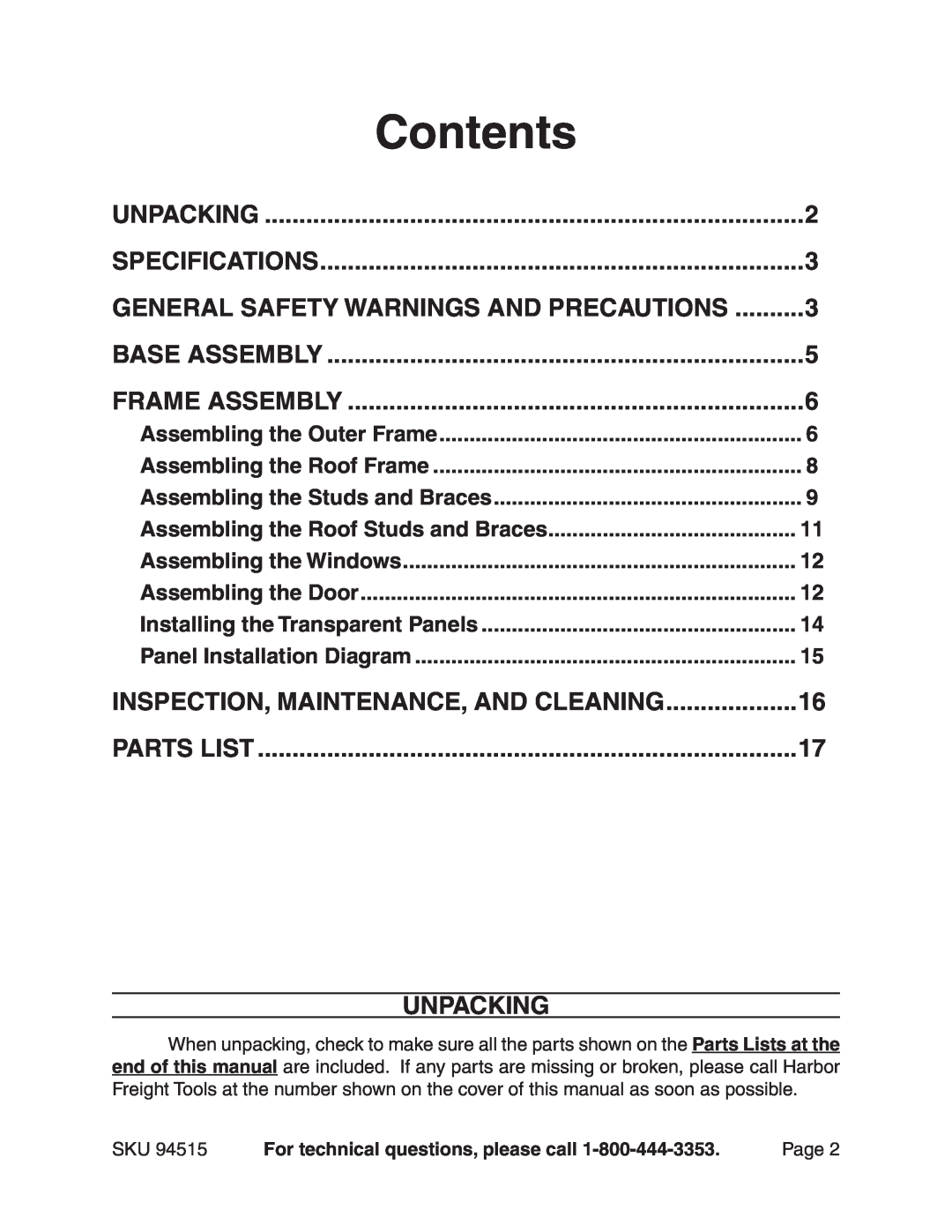 Harbor Freight Tools 94515 manual Contents, General Safety Warnings And Precautions, Base Assembly, Unpacking, Parts List 