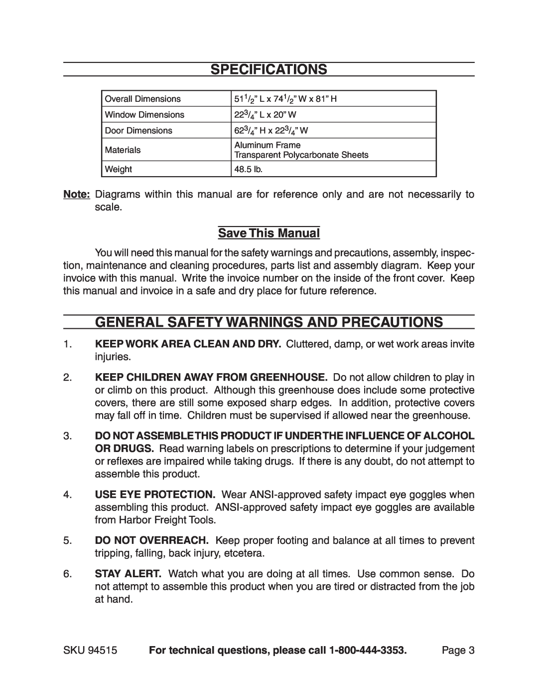 Harbor Freight Tools 94515 manual Specifications, Save This Manual, General Safety Warnings And Precautions 
