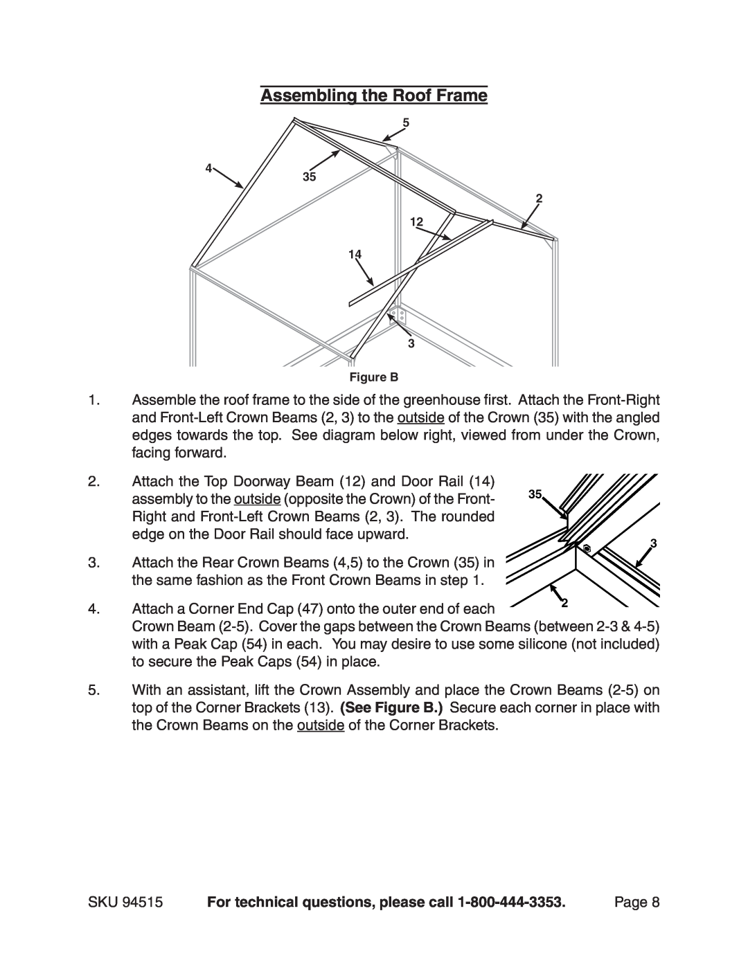 Harbor Freight Tools 94515 manual Assembling the Roof Frame, For technical questions, please call 
