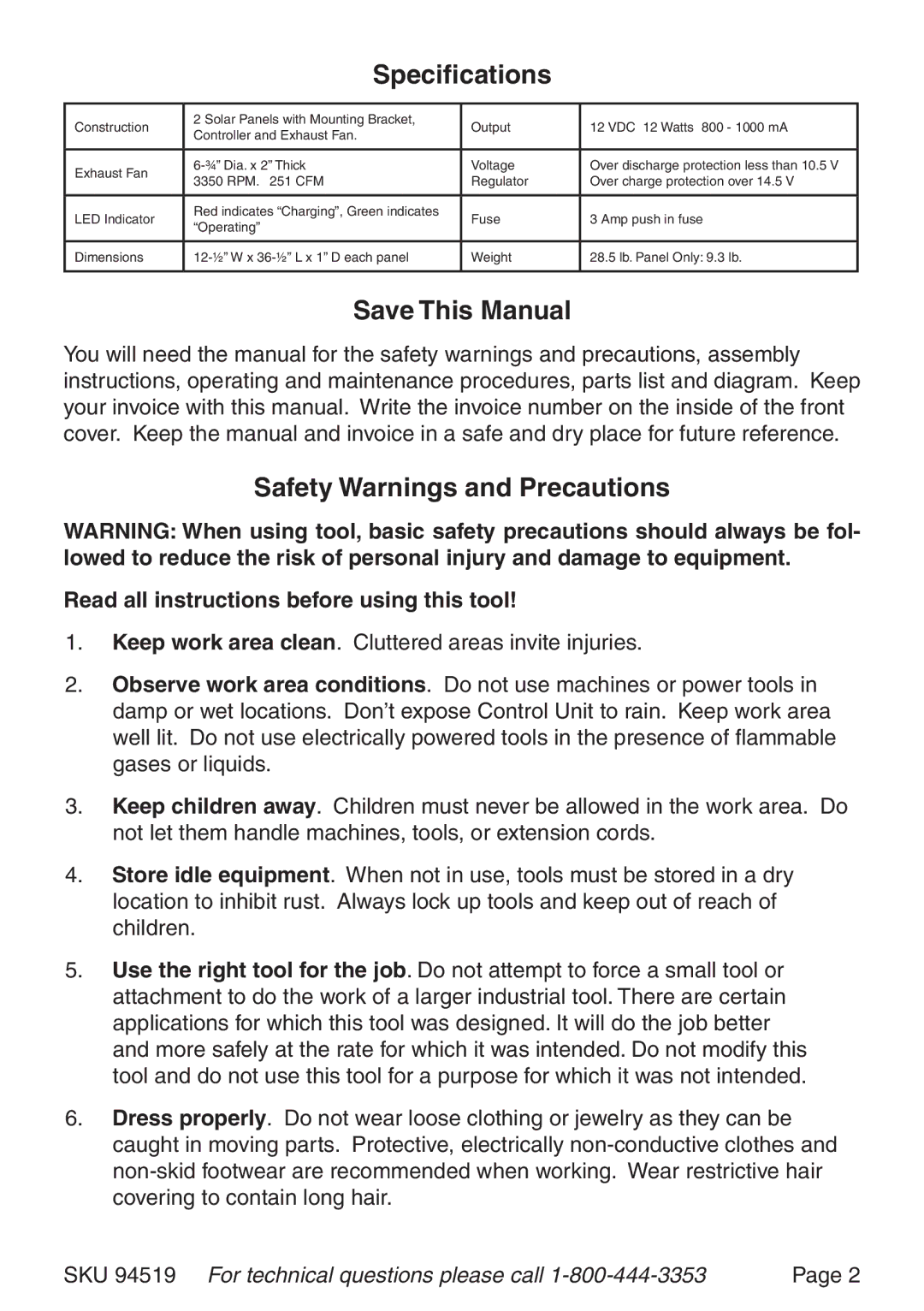 Harbor Freight Tools 94519 manual Specifications, Save This Manual, Safety Warnings and Precautions 