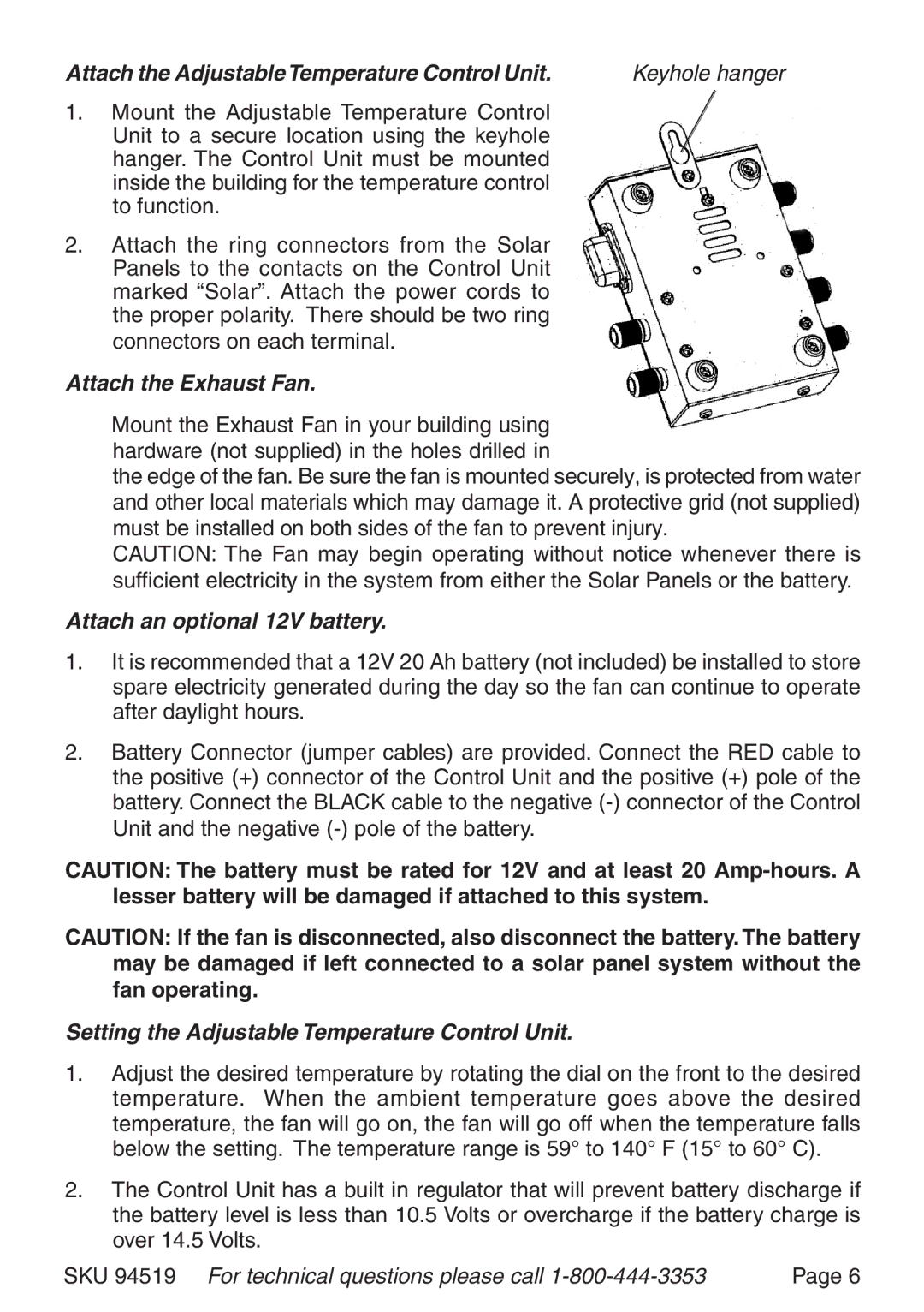 Harbor Freight Tools 94519 manual Attach the Exhaust Fan, Attach an optional 12V battery 