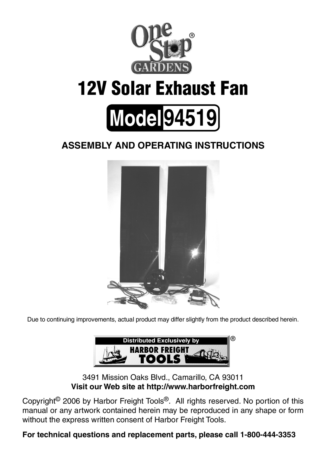 Harbor Freight Tools 94519 manual Assembly And Operating Instructions, 12V Solar Exhaust Fan 