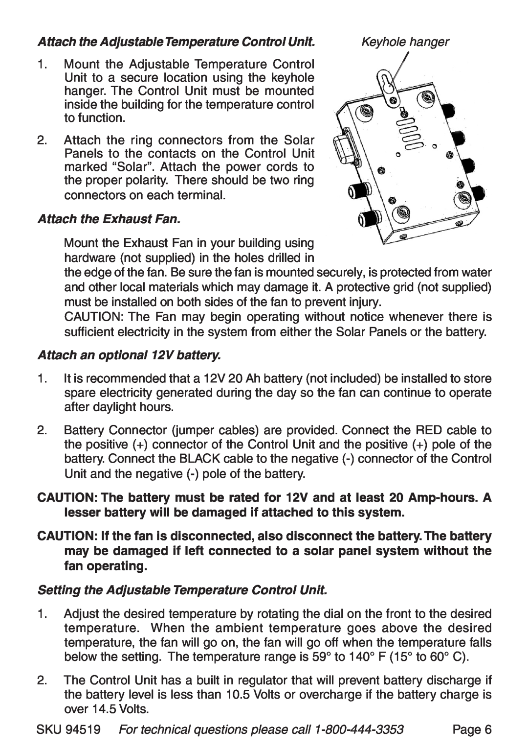 Harbor Freight Tools 94519 manual Attach the AdjustableTemperature Control Unit, Keyhole hanger, Attach the Exhaust Fan 