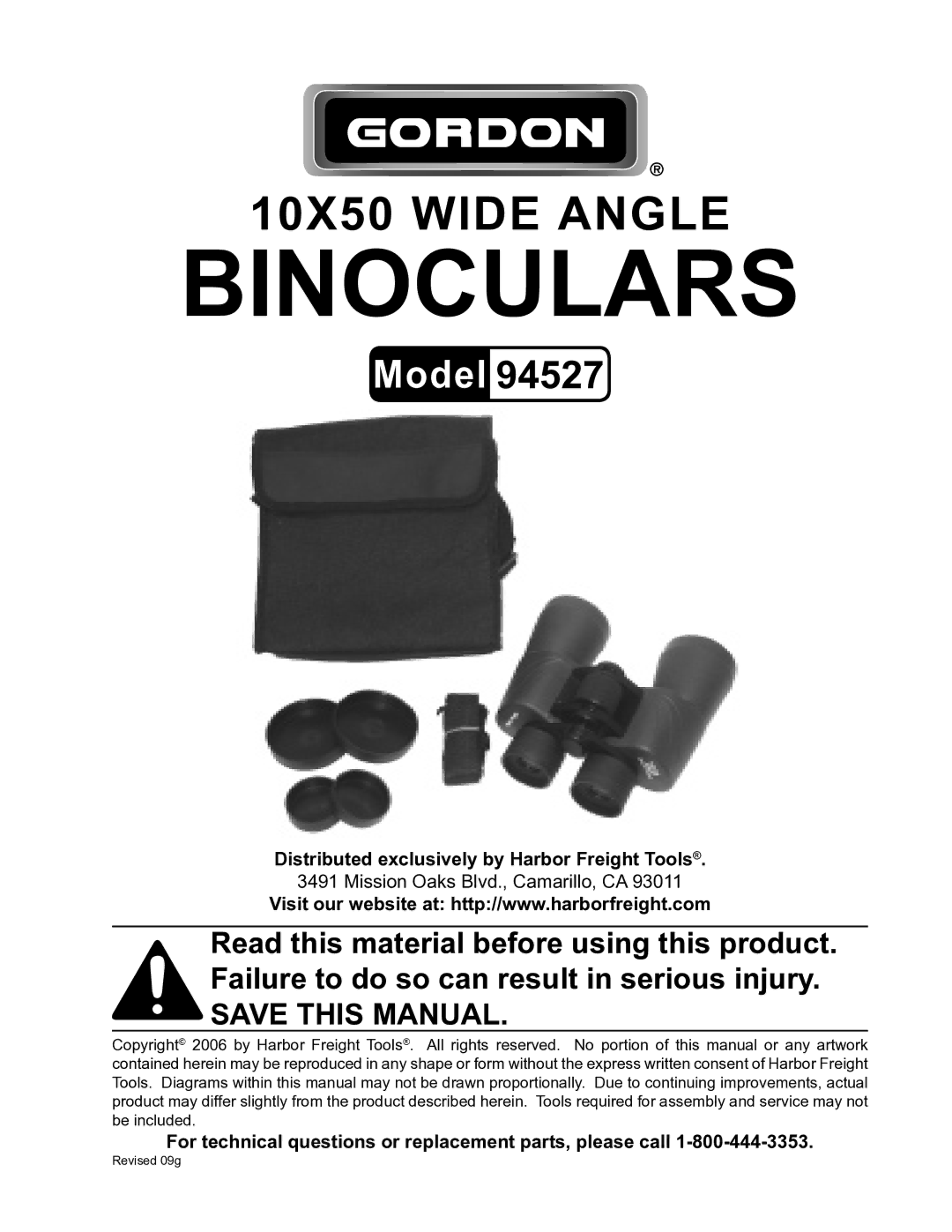 Harbor Freight Tools 94527 manual Binoculars 